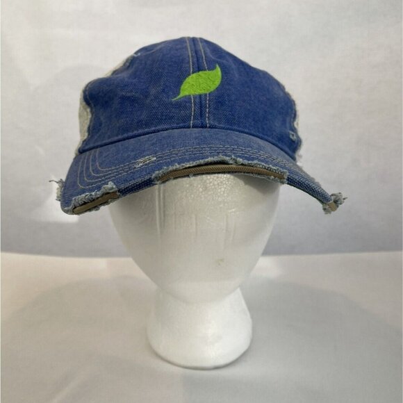 Distressed Blue Denim White Mesh Trucker Hat Green Leaf Embroidery Adjustable Ba - Picture 2 of 8